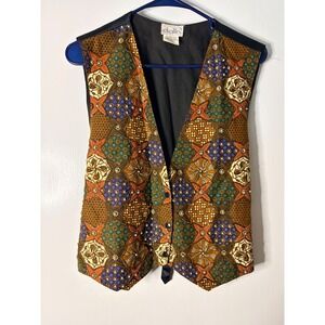 Dalin Vintage Beaded Batik Vest Womens Brown Green Geometric Floral Waistcoat